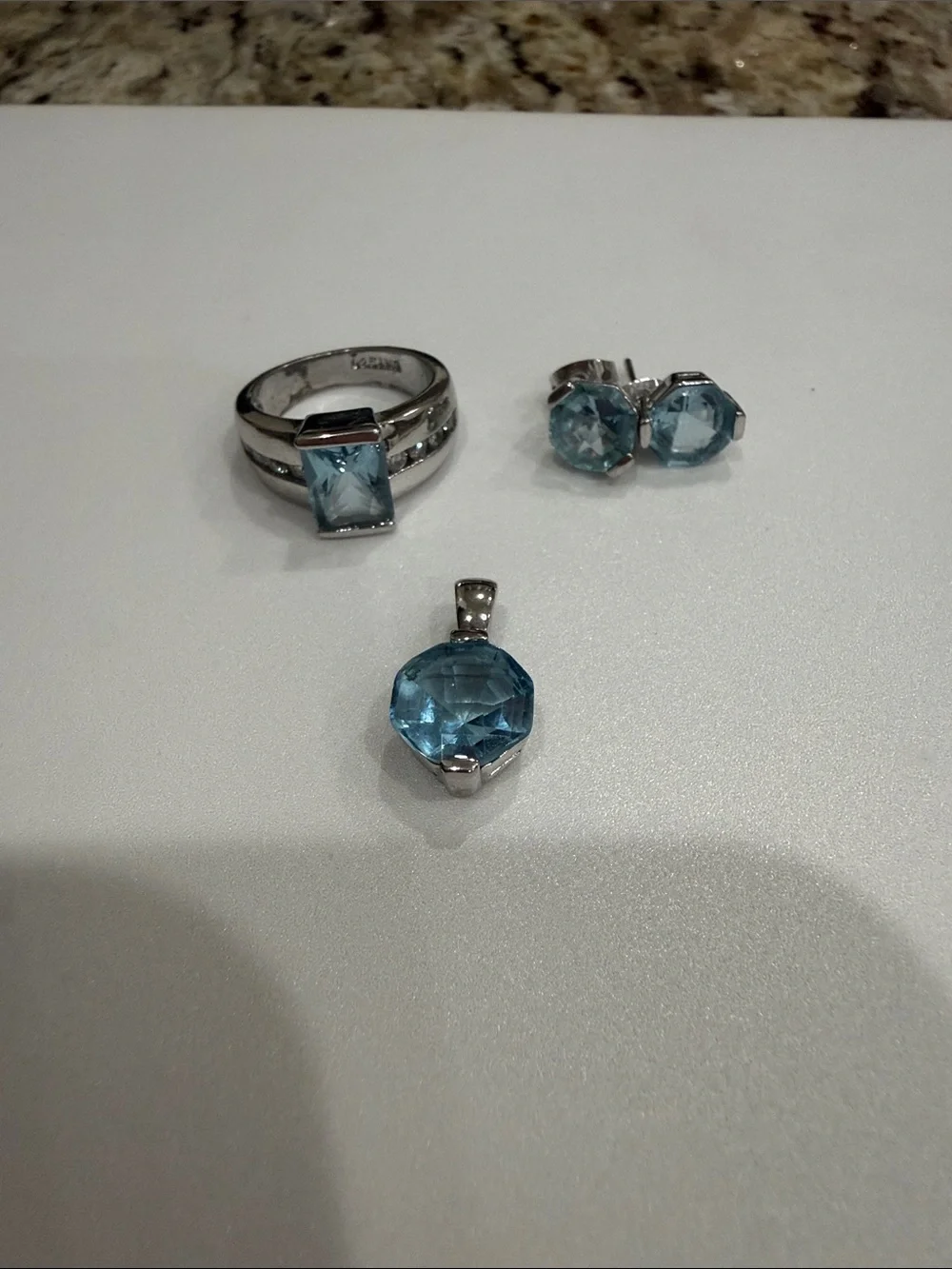 925 Sterling Silver Blue Topaz Pendant, Ring with Rhinestones, Stud Earrings Set
